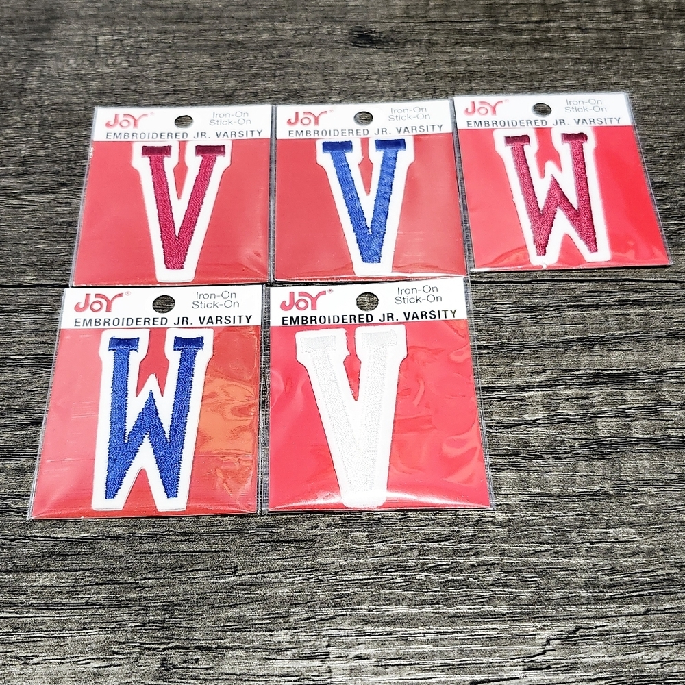 Set Of 5 Embroidered Letter Patches 2" Tall W, V Red White Blue